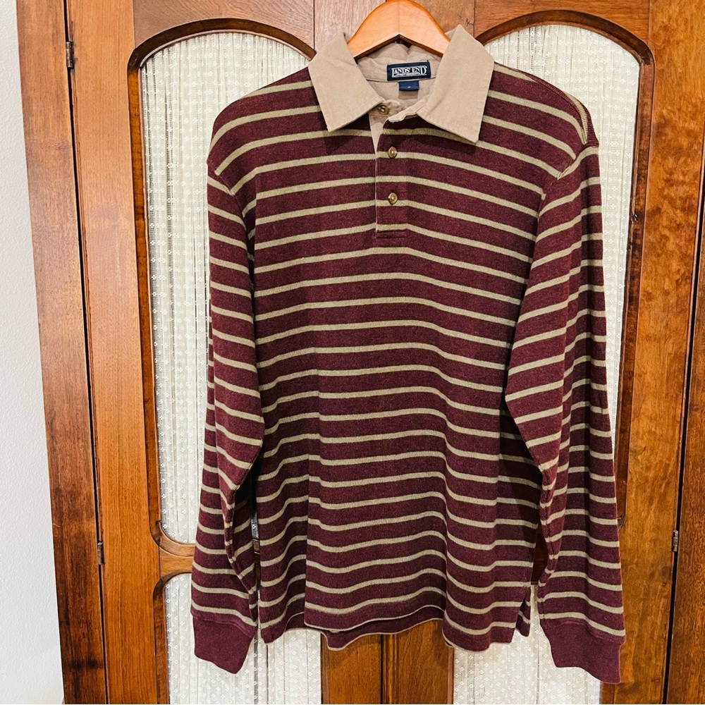 😎Vtg 90s Khaki Green Burgundy Striped Rugby Shirt Thick Cotton Grunge Lands End - Picture 2 of 15